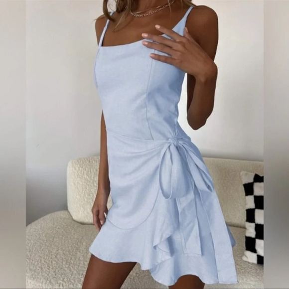 Princess Polly Dresses & Skirts - Princess Polly Cottage Hill Mini Wrap Dress Baby Blue Size 4 NWT